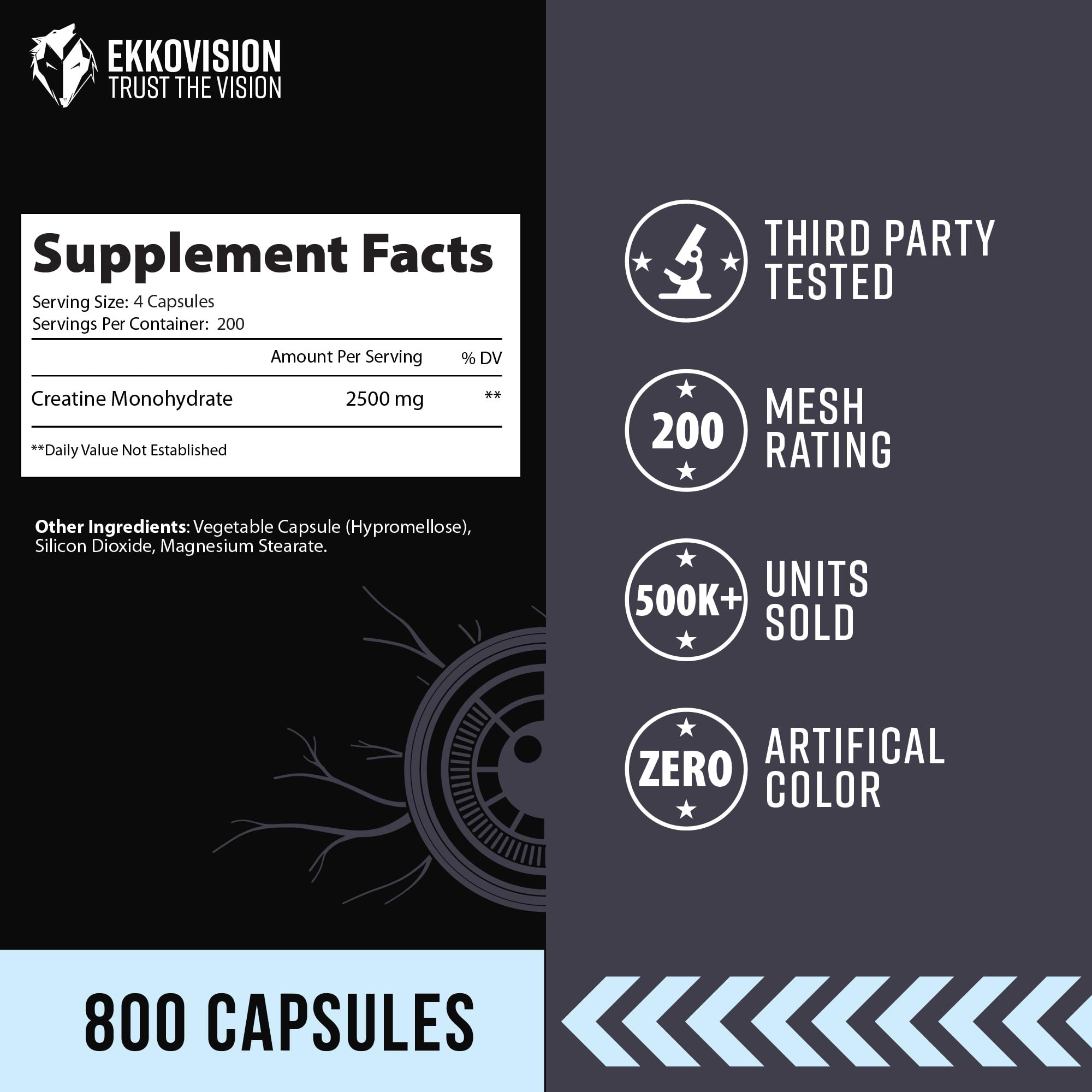 Ekkovision Creatine Monohydrate Capsules, Micronized, Unflavored Creatine Supplement for Men & Women, Pre Workout & Post Workout Support, Easy-to-Swallow, 800 Capsules, 200 Servings - Image 3