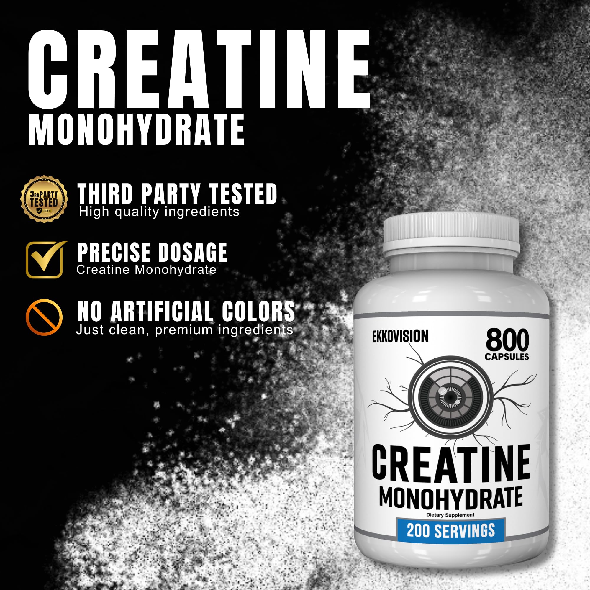 Ekkovision Creatine Monohydrate Capsules, Micronized, Unflavored Creatine Supplement for Men & Women, Pre Workout & Post Workout Support, Easy-to-Swallow, 800 Capsules, 200 Servings - Image 4