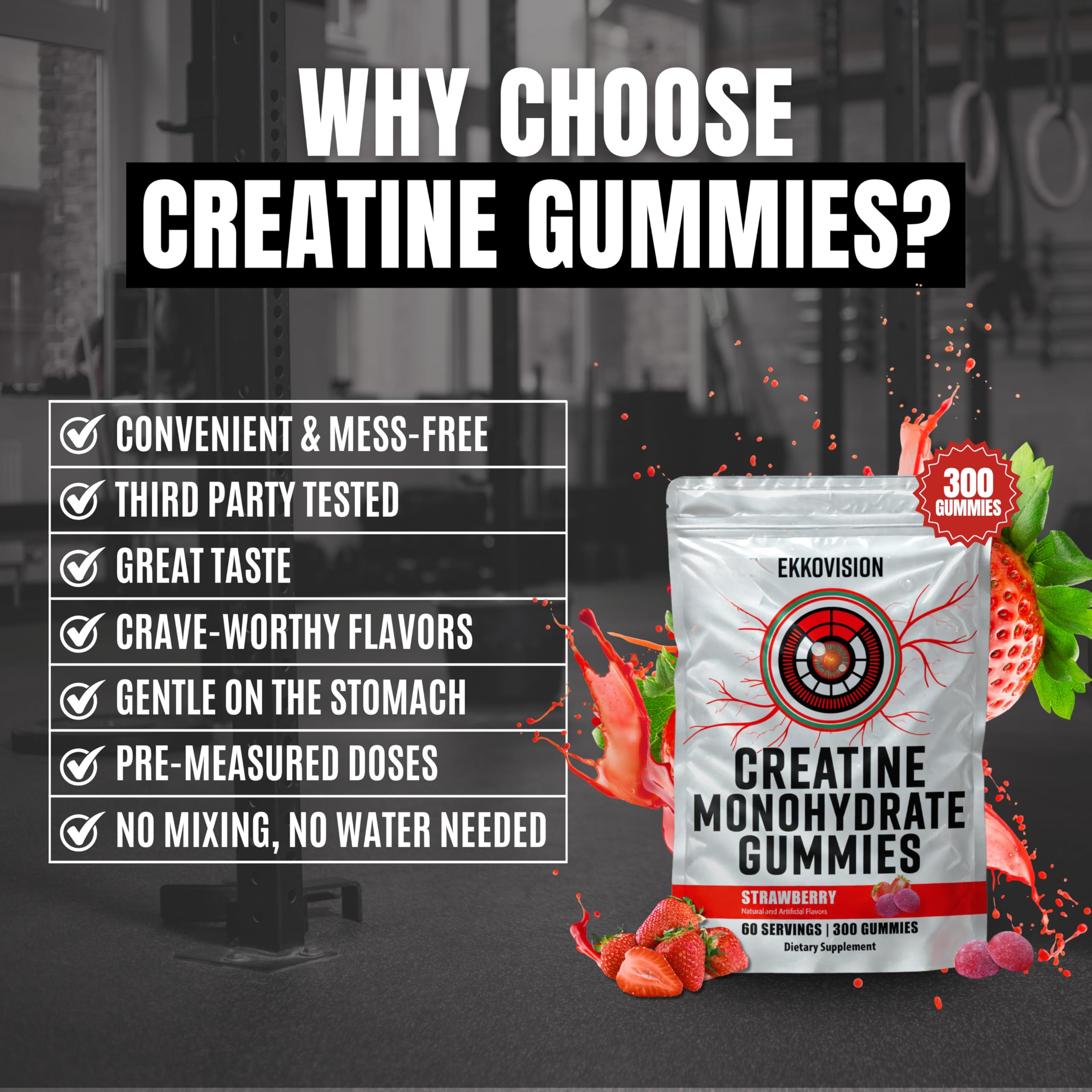 Ekkovision Creatine Monohydrate Gummies for Men and Women, Orange Citrus Flavor, Sugar Free Creatine Gummies for Pre Workout, Muscle Strength and Recovery, Vegan & Travel Friendly, 300 Ct, 60 Servings - Image 3