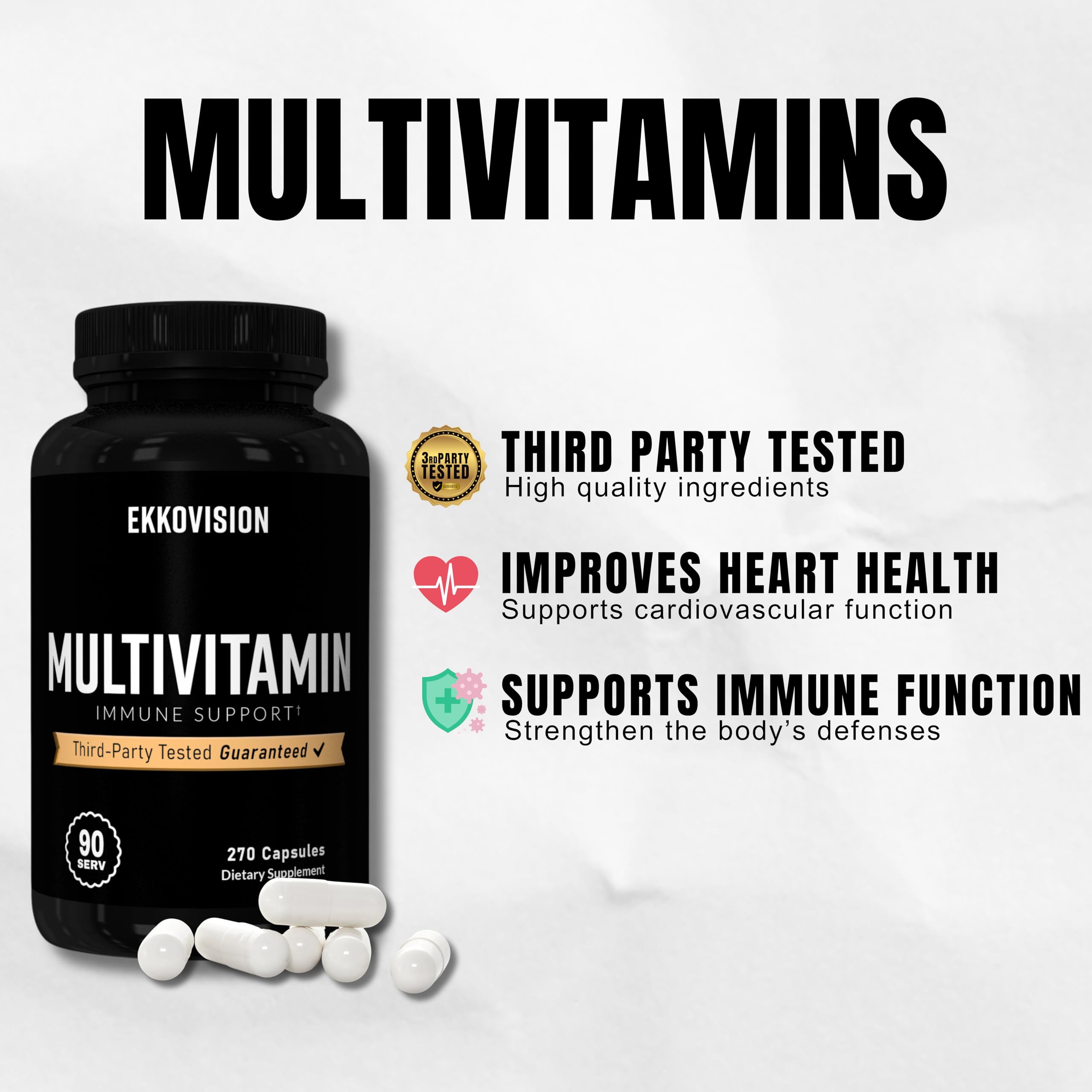 Ekkovision Multivitamin, Includes Vitamin, B, C, E, D3 & K2, Zinc, Selenium, Biotin & Folic Acid, Iron Free Formula, Plant Based Multi Vitamin for Men & Women, 90 Servings, 270 Veggie Capsules - Image 3