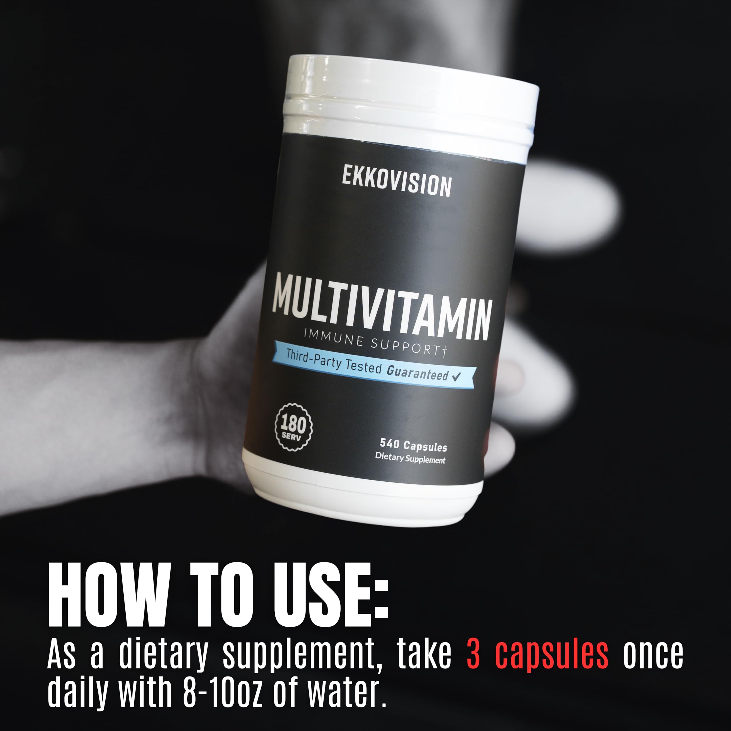 Ekkovision Multivitamin, Includes Vitamin, B, C, E, D3 & K2, Zinc, Selenium, Biotin & Folic Acid, Iron Free Formula, Plant Based Multi Vitamin for Men & Women, 90 Servings, 270 Veggie Capsules - Image 4
